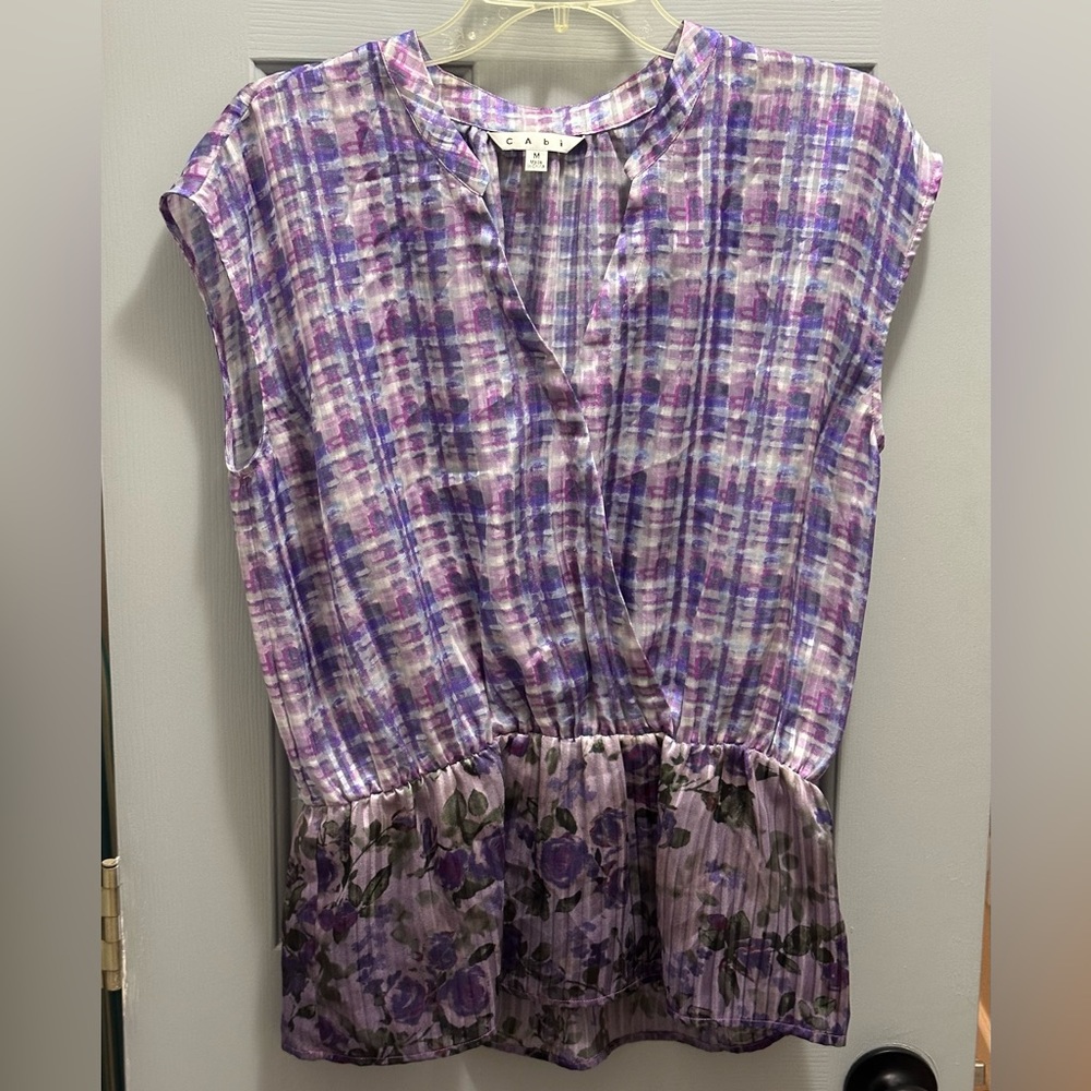 CAbi Eva Astor Purple Floral Peplum Sleeveless Blouse 731 Size Medium